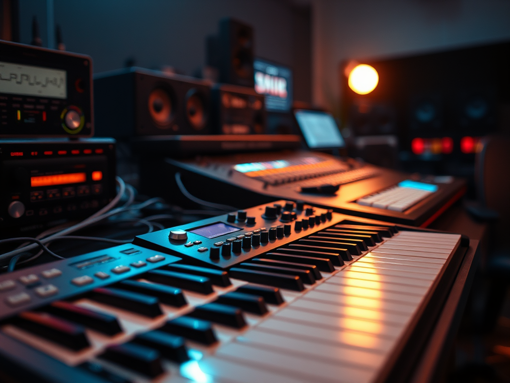 a music production setup including midi keyboard and other high end